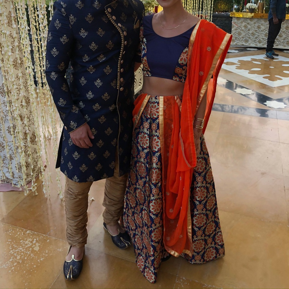 Beautiful navy gold orange Indian lehenga